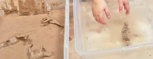 washing dinosaurs during muddy sensory play