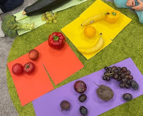 sorting colours activity for toddlers using fruits and vegetables


