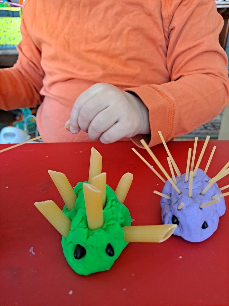 Easy Hedgehog Playdough Activity for Toddlers Using Pasta
