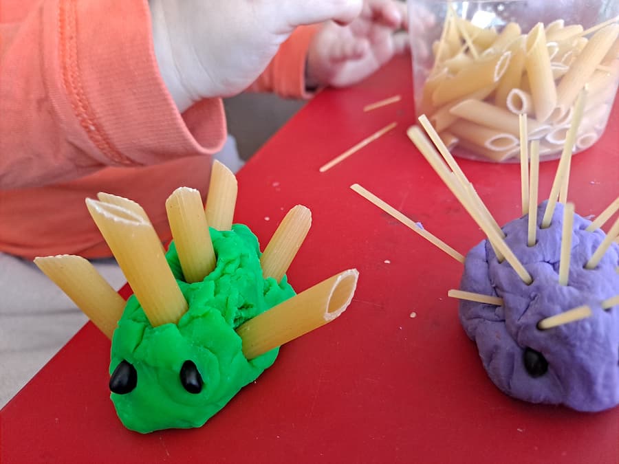 Easy Hedgehog Playdough Activity for Toddlers Using Pasta
