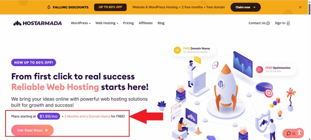 HostArmada web hosting plans starting at $1.99 per month with two free months and a free domain name
