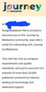 Journey by Mediavine acceptance email for my small blog